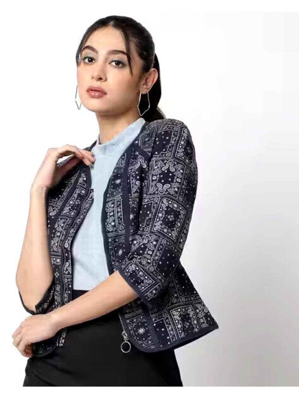 Mark & Spencer Size 6 NEW Navy Bandana Print Jacket 3/4 Sleeve Peplum Western